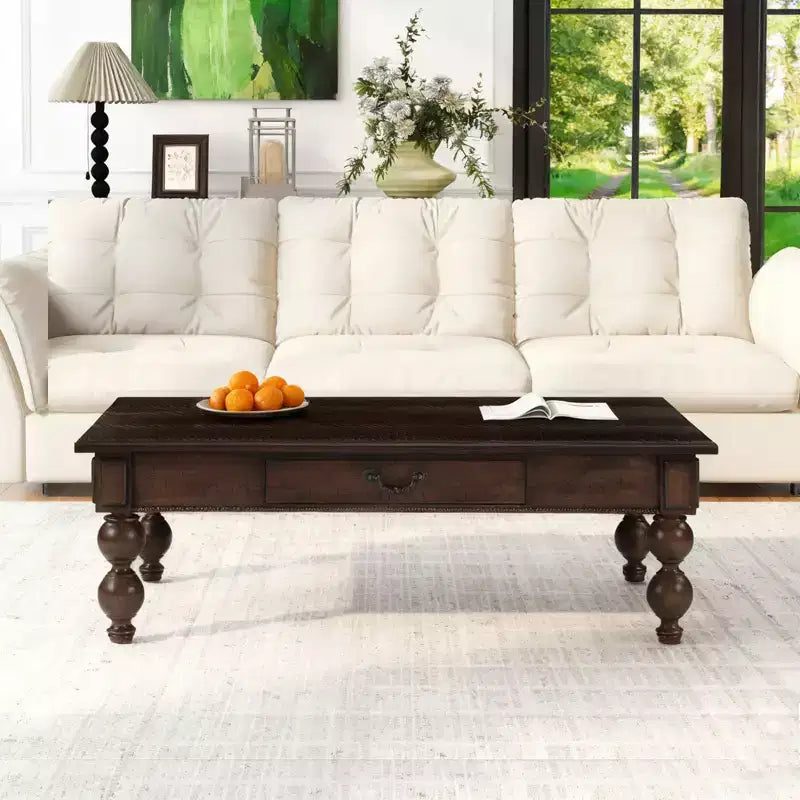 Luxystar Rectangular Wooden Coffee Table with Storage Drawer and Solid Wood Gourd-Shaped Legs for Living Room, Easy Assembly