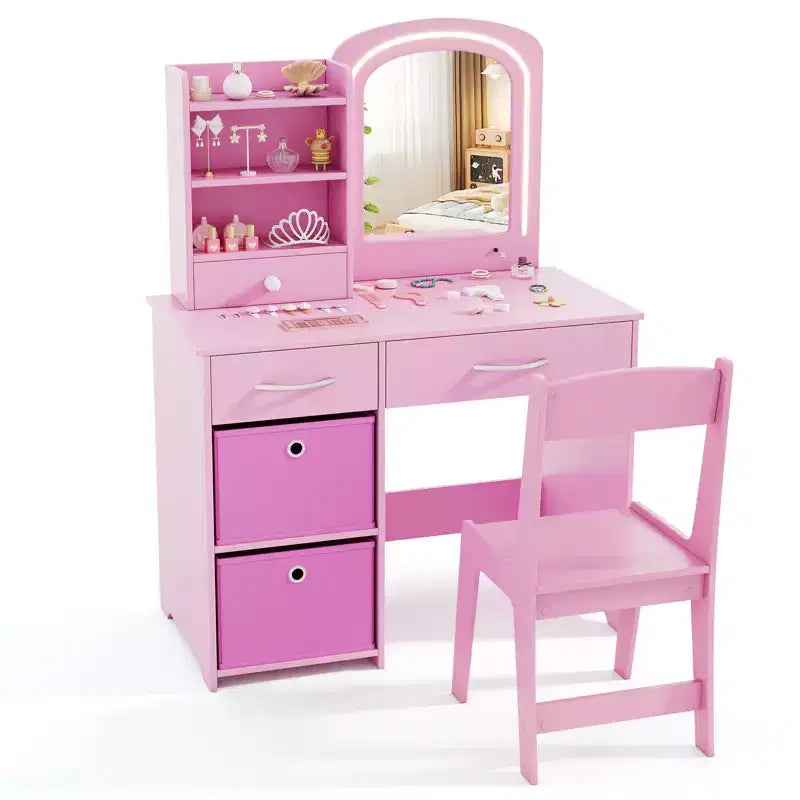 Tavolino da trucco con specchio illuminato e sedia, per bambini, colore rosa/bianco, 1 bambino