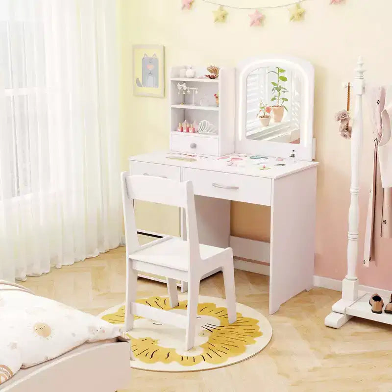 Tavolino da trucco con specchio illuminato e sedia, per bambini, colore rosa/bianco, 1 bambino