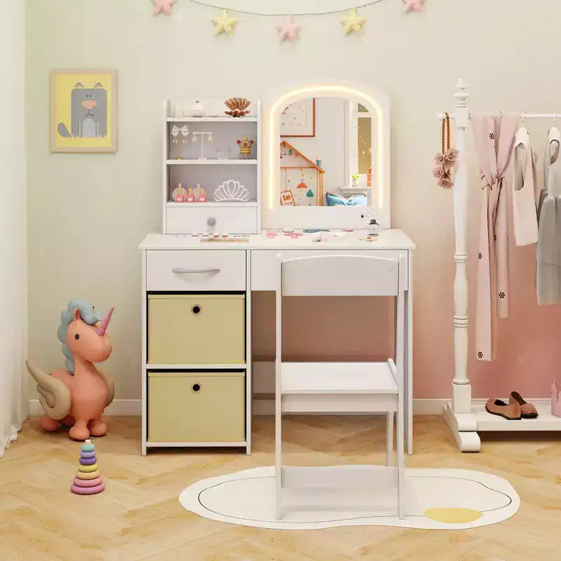 Tavolino da trucco con specchio illuminato e sedia, per bambini, colore rosa/bianco, 1 bambino