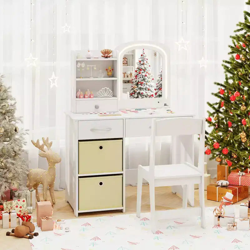 Tavolino da trucco con specchio illuminato e sedia, per bambini, colore rosa/bianco, 1 bambino