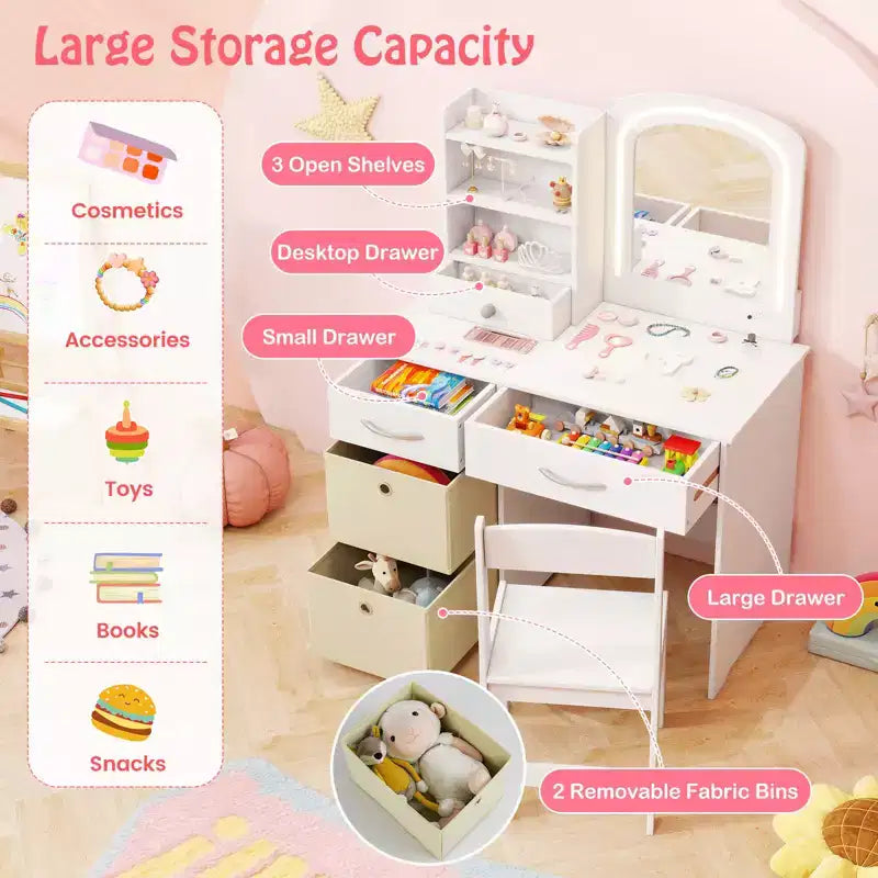 Tavolino da trucco con specchio illuminato e sedia, per bambini, colore rosa/bianco, 1 bambino