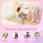 Tavolino da trucco con specchio illuminato e sedia, per bambini, colore rosa/bianco, 1 bambino