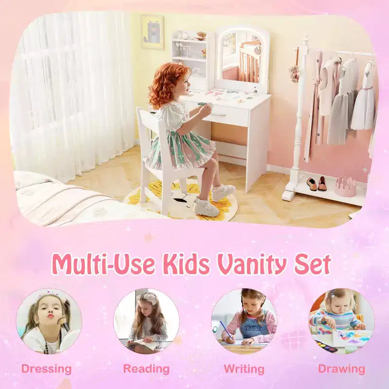 Tavolino da trucco con specchio illuminato e sedia, per bambini, colore rosa/bianco, 1 bambino