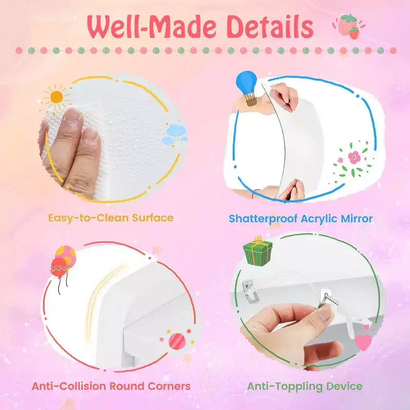 Tavolino da trucco con specchio illuminato e sedia, per bambini, colore rosa/bianco, 1 bambino