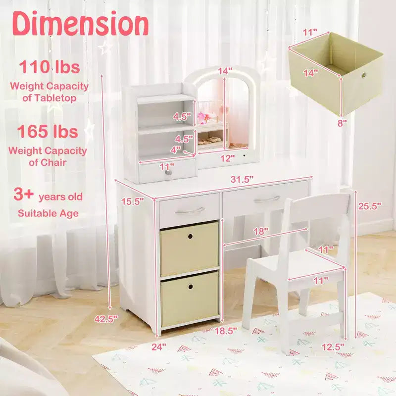 Tavolino da trucco con specchio illuminato e sedia, per bambini, colore rosa/bianco, 1 bambino