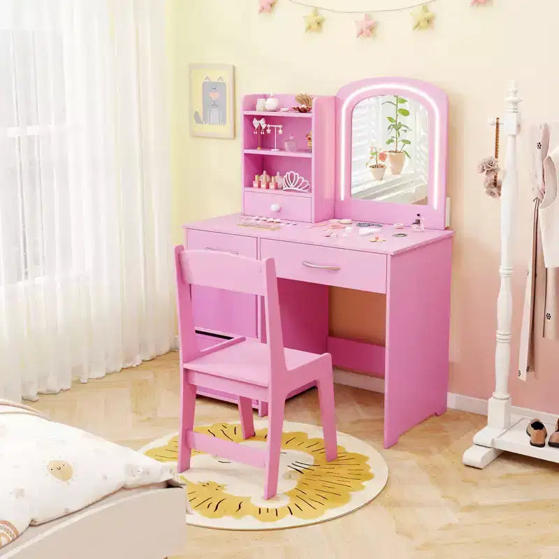 Tavolino da trucco con specchio illuminato e sedia, per bambini, colore rosa/bianco, 1 bambino