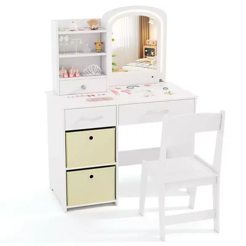 Tavolino da trucco con specchio illuminato e sedia, per bambini, colore rosa/bianco, 1 bambino