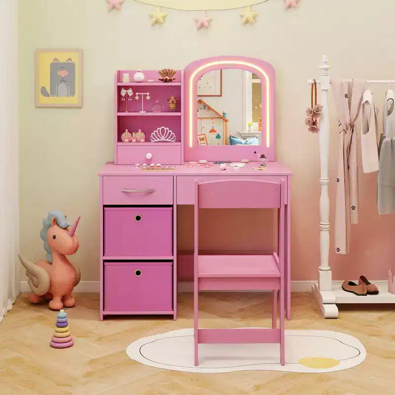 Tavolino da trucco con specchio illuminato e sedia, per bambini, colore rosa/bianco, 1 bambino