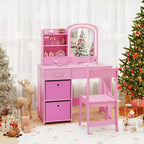 Tavolino da trucco con specchio illuminato e sedia, per bambini, colore rosa/bianco, 1 bambino