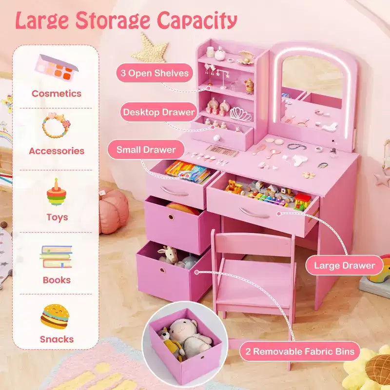 Tavolino da trucco con specchio illuminato e sedia, per bambini, colore rosa/bianco, 1 bambino
