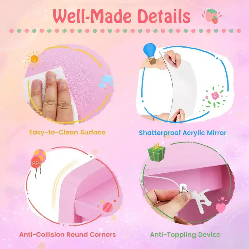 Tavolino da trucco con specchio illuminato e sedia, per bambini, colore rosa/bianco, 1 bambino