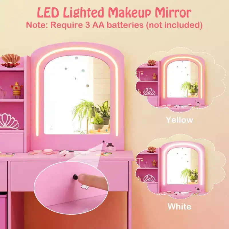 Tavolino da trucco con specchio illuminato e sedia, per bambini, colore rosa/bianco, 1 bambino