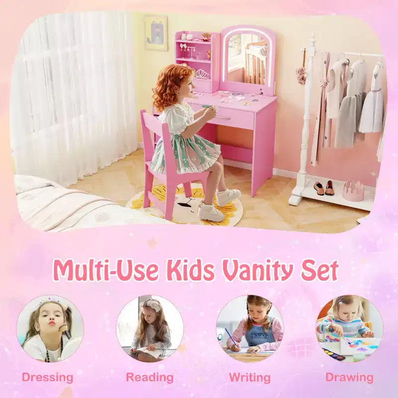 Tavolino da trucco con specchio illuminato e sedia, per bambini, colore rosa/bianco, 1 bambino