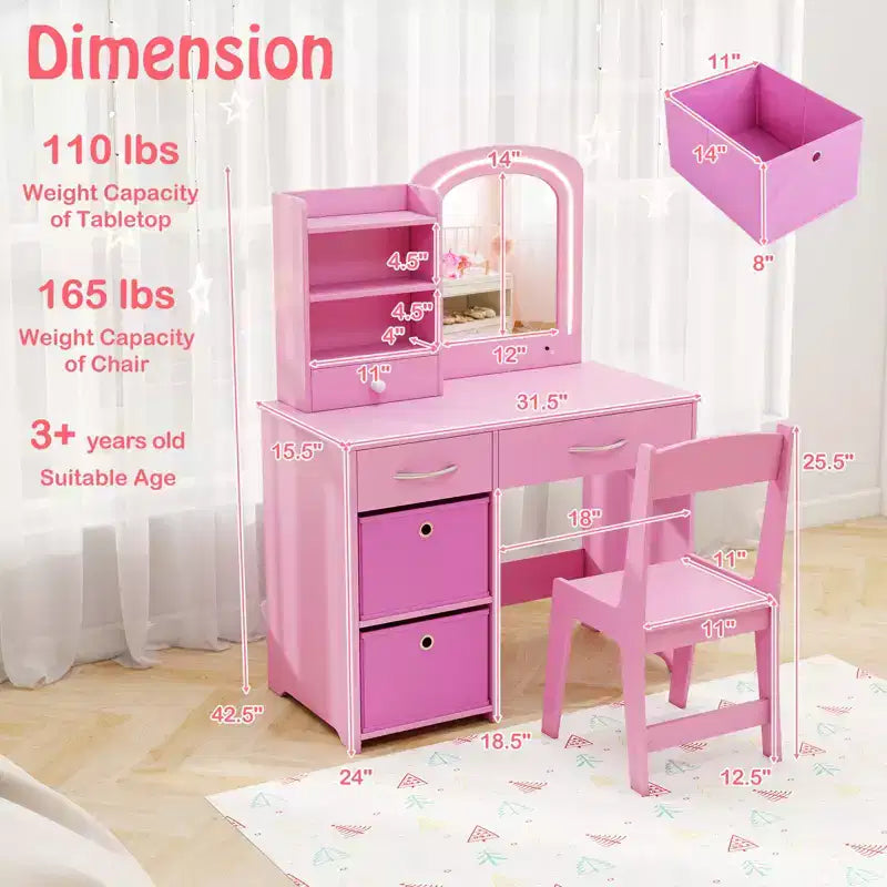 Tavolino da trucco con specchio illuminato e sedia, per bambini, colore rosa/bianco, 1 bambino