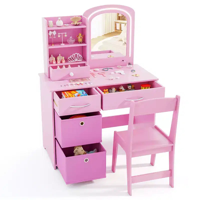 Costway Kids Vanity Set Princess Makeup Desk & Chair w/ Mirror & Lights Open Shelves