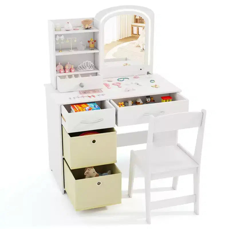 Tavolino da trucco con specchio illuminato e sedia, per bambini, colore rosa/bianco, 1 bambino