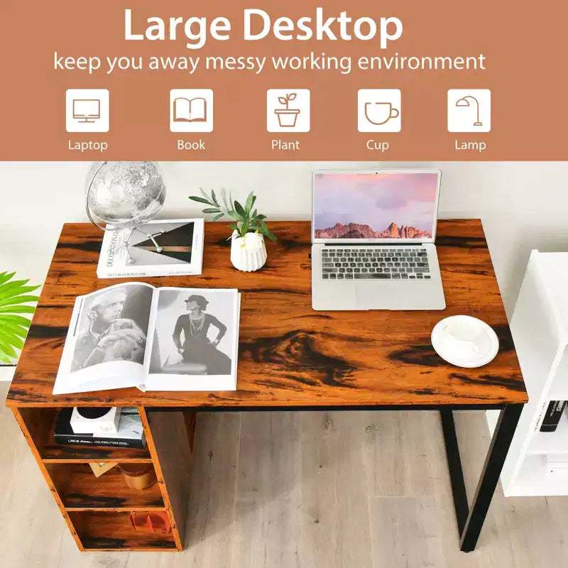 Scrivania per computer con 5 ripiani laterali, Naturale + Bianco / Marrone Rustico + Nero, Singola