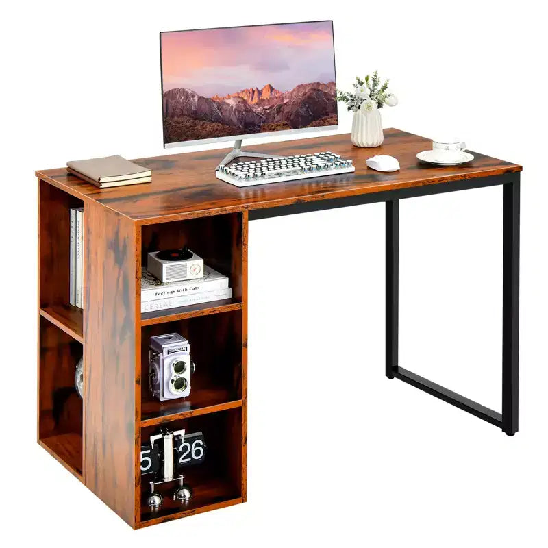 Scrivania per computer con 5 ripiani laterali, Naturale + Bianco / Marrone Rustico + Nero, Singola