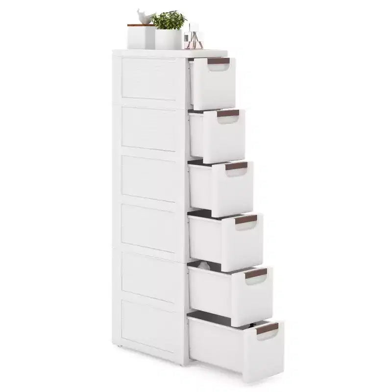 Mobiletto salvaspazio stretto bianco a 6 cassetti con ruote, set da 2