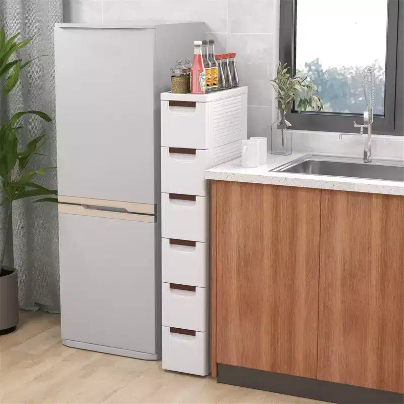 Mobiletto salvaspazio stretto bianco a 6 cassetti con ruote, set da 2