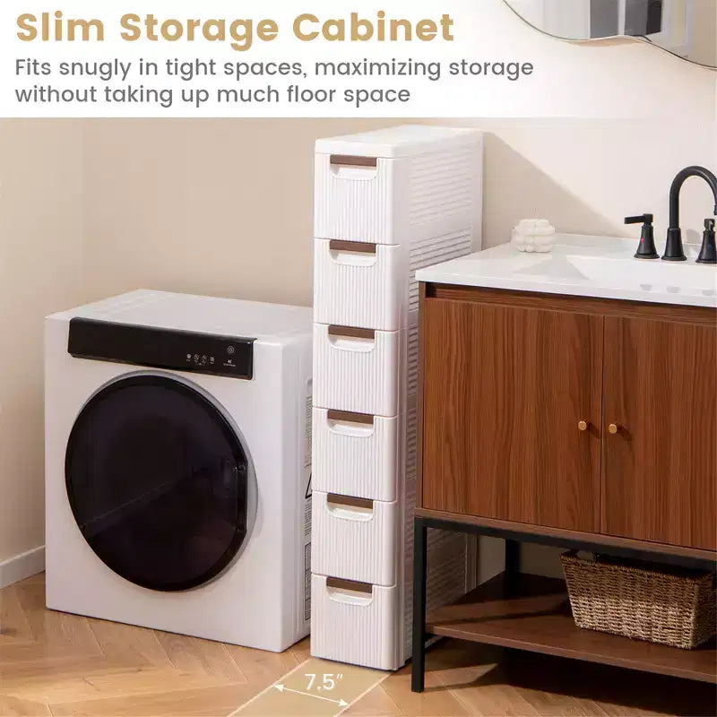 Mobiletto salvaspazio stretto bianco a 6 cassetti con ruote, set da 2