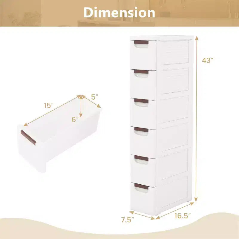 Mobiletto salvaspazio stretto bianco a 6 cassetti con ruote, set da 2