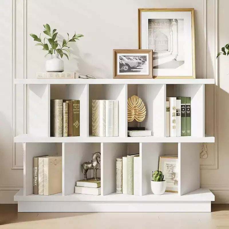 Noce+Bianco / Libreria bassa a 8 cubi bianca con pannelli posteriori rimovibili – Assemblaggio per 2 persone