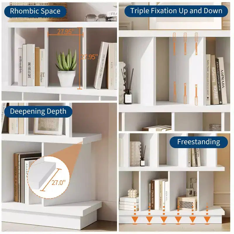 Noce+Bianco / Libreria bassa a 8 cubi bianca con pannelli posteriori rimovibili – Assemblaggio per 2 persone