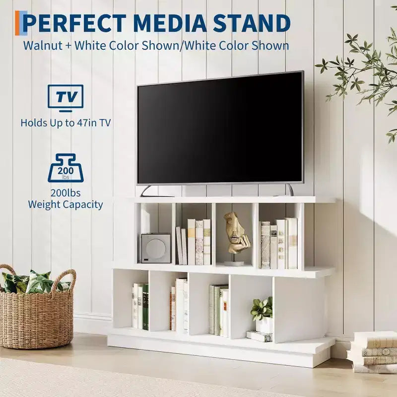 Noce+Bianco / Libreria bassa a 8 cubi bianca con pannelli posteriori rimovibili – Assemblaggio per 2 persone