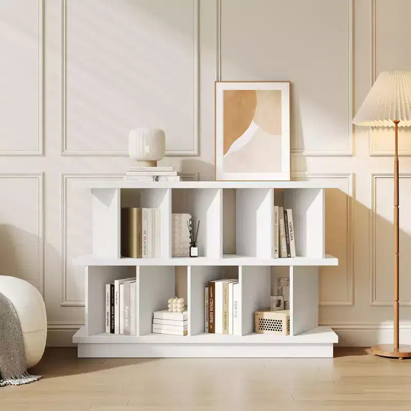 Noce+Bianco / Libreria bassa a 8 cubi bianca con pannelli posteriori rimovibili – Assemblaggio per 2 persone