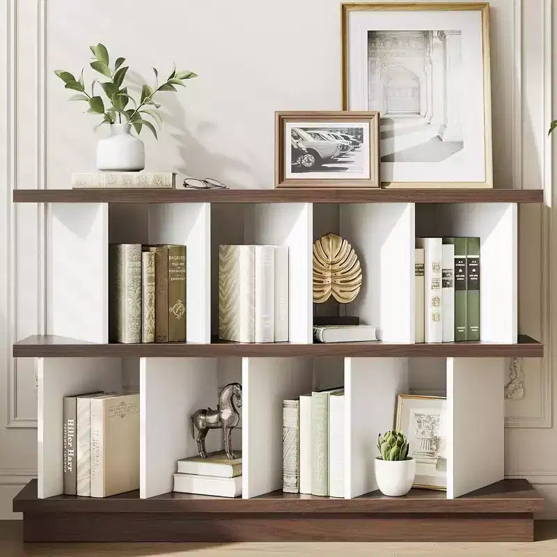 Noce+Bianco / Libreria bassa a 8 cubi bianca con pannelli posteriori rimovibili – Assemblaggio per 2 persone