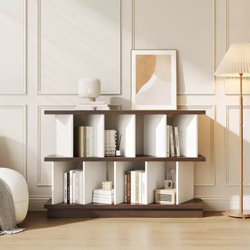 Noce+Bianco / Libreria bassa a 8 cubi bianca con pannelli posteriori rimovibili – Assemblaggio per 2 persone