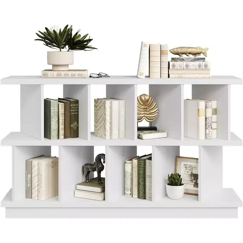 Noce+Bianco / Libreria bassa a 8 cubi bianca con pannelli posteriori rimovibili – Assemblaggio per 2 persone