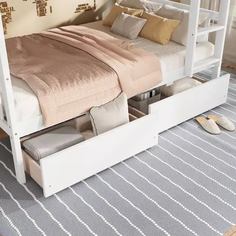 Letto a Castello in Legno di Gomma, da Due Letti Singoli, Espresso/Grigio/Bianco, Convertibile, Posti Letto 2