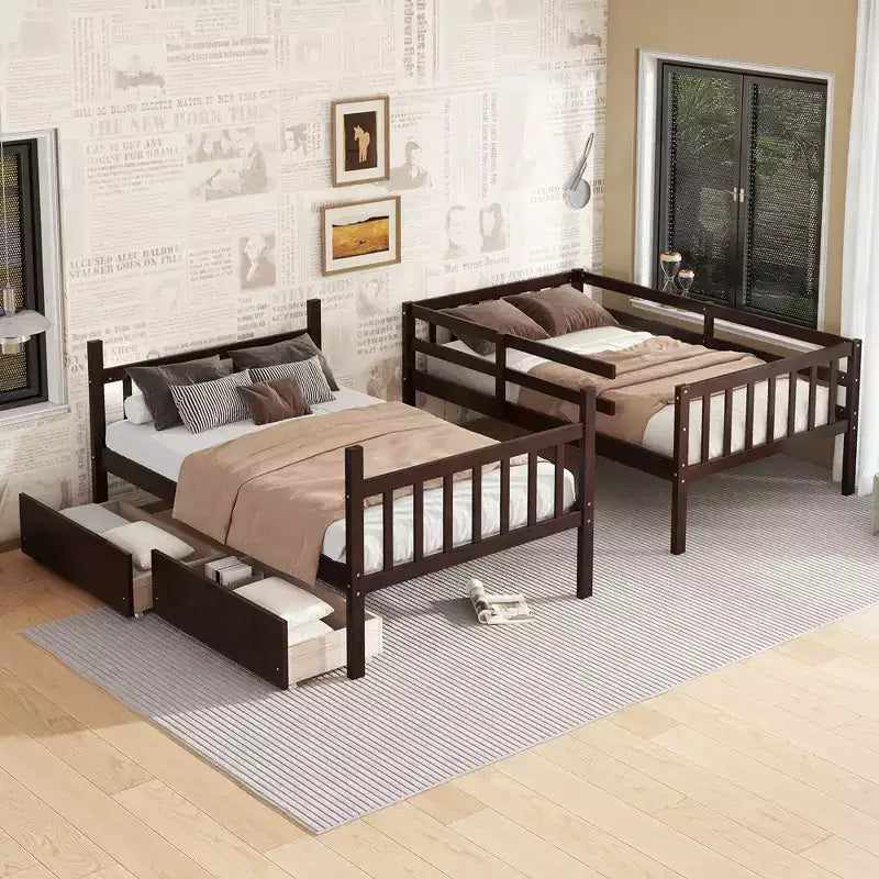 Letto a Castello in Legno di Gomma, da Due Letti Singoli, Espresso/Grigio/Bianco, Convertibile, Posti Letto 2