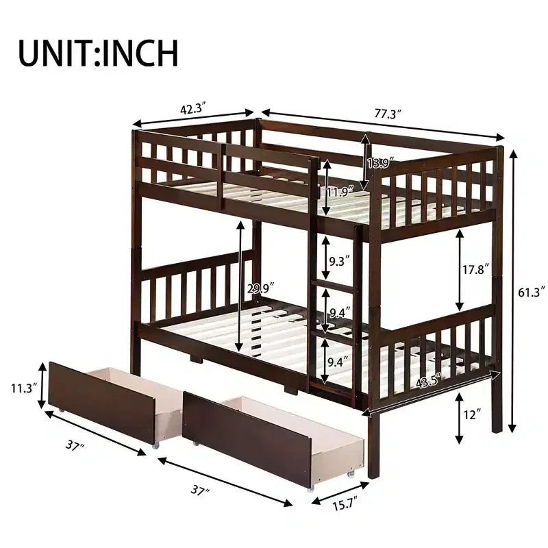 Letto a Castello in Legno di Gomma, da Due Letti Singoli, Espresso/Grigio/Bianco, Convertibile, Posti Letto 2