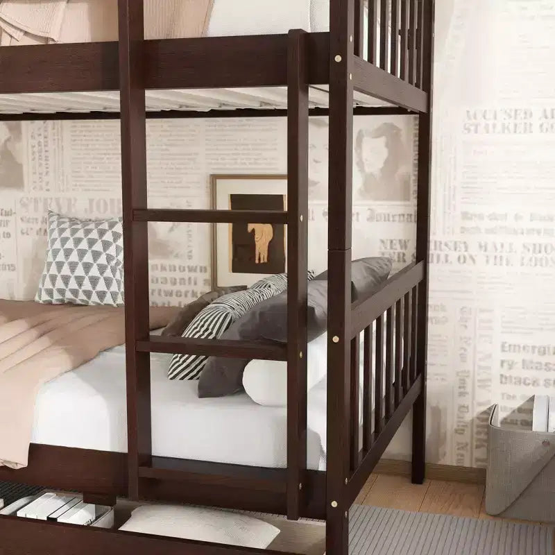 Letto a Castello in Legno di Gomma, da Due Letti Singoli, Espresso/Grigio/Bianco, Convertibile, Posti Letto 2