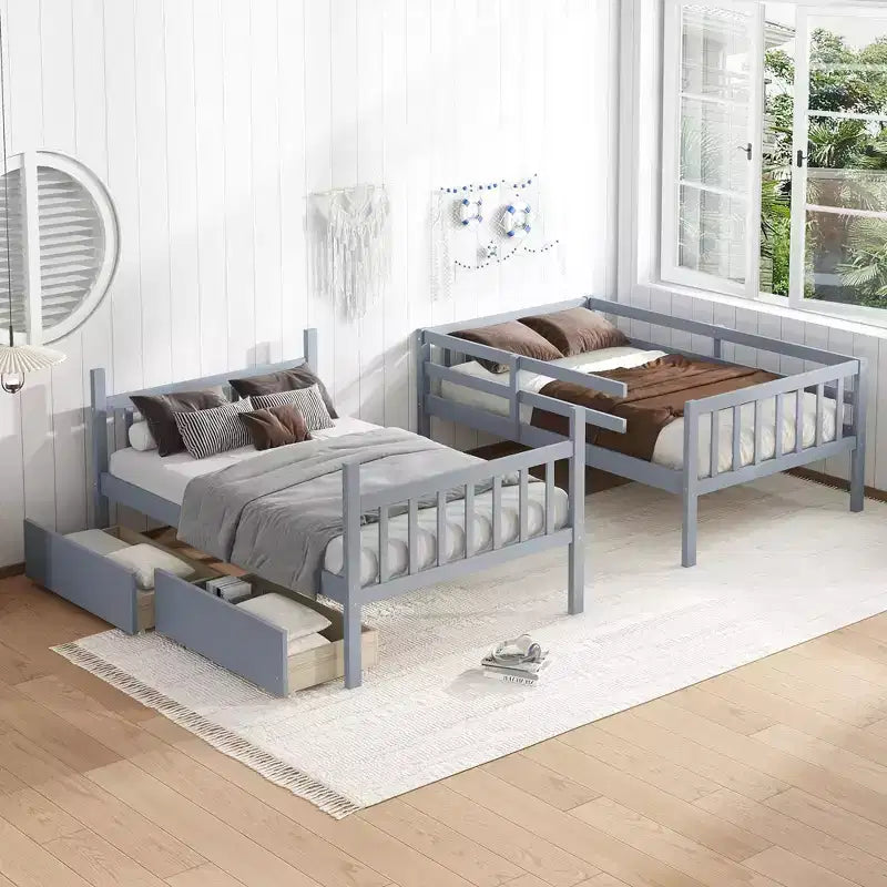 Letto a Castello in Legno di Gomma, da Due Letti Singoli, Espresso/Grigio/Bianco, Convertibile, Posti Letto 2