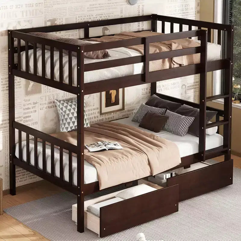 TUYOHW Twin Over Twin Rubber Wood Bunk Bed with 2 Drawers,Convertible Bed Frame with Ladder and Safety Guardrail for Kids Teens Dorm Rooms