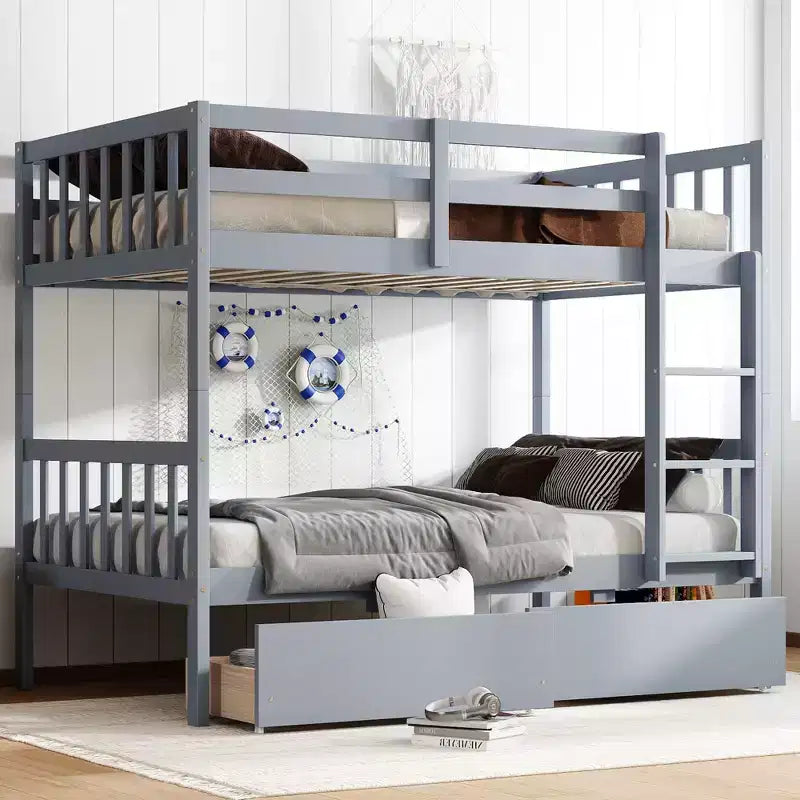 Letto a Castello in Legno di Gomma, da Due Letti Singoli, Espresso/Grigio/Bianco, Convertibile, Posti Letto 2