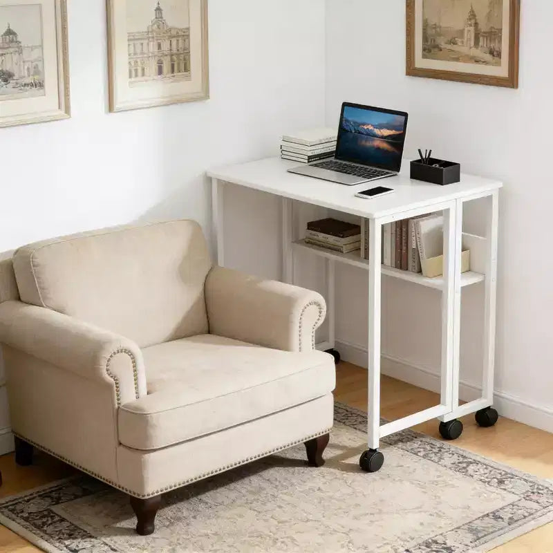 Scrivania pieghevole con ruote – Nero / Bianco / Legno, 1 persona
