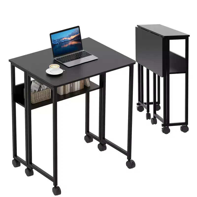 Scrivania pieghevole con ruote – Nero / Bianco / Legno, 1 persona