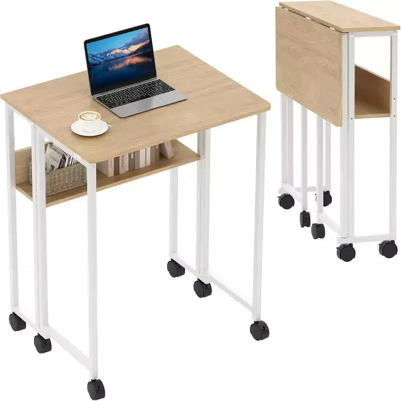 Scrivania pieghevole con ruote – Nero / Bianco / Legno, 1 persona