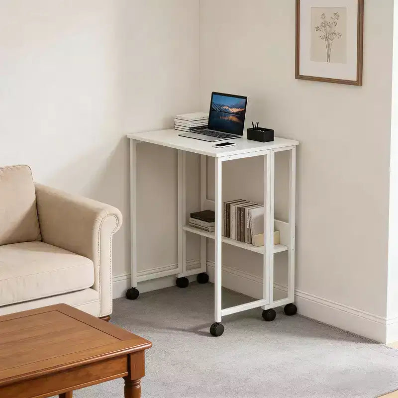 Scrivania pieghevole con ruote – Nero / Bianco / Legno, 1 persona