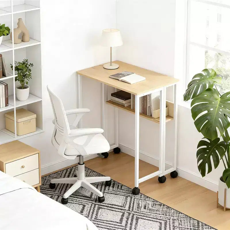 Scrivania pieghevole con ruote – Nero / Bianco / Legno, 1 persona