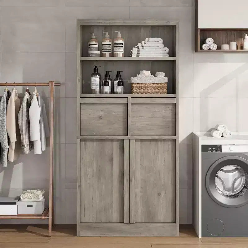 Mobile Contenitore Alto da Terra Nero / Grigio / Bianco con 2 Cassetti e Anta, Autoportante, per 1 Persona