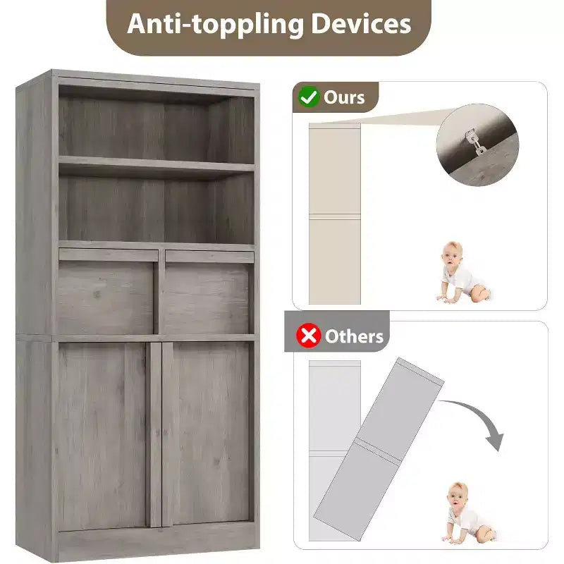 Mobile Contenitore Alto da Terra Nero / Grigio / Bianco con 2 Cassetti e Anta, Autoportante, per 1 Persona