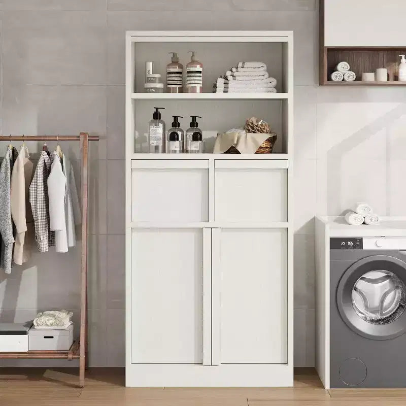 Mobile Contenitore Alto da Terra Nero / Grigio / Bianco con 2 Cassetti e Anta, Autoportante, per 1 Persona
