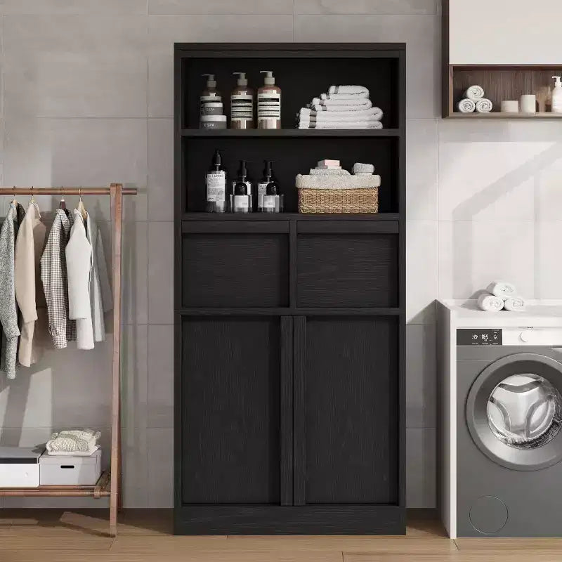 Mobile Contenitore Alto da Terra Nero / Grigio / Bianco con 2 Cassetti e Anta, Autoportante, per 1 Persona